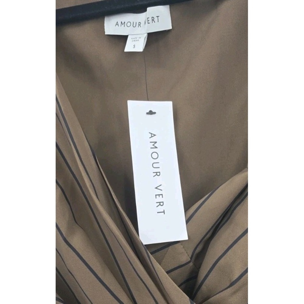 AMOUR VERT CAMBRIA DRESS WOMENS SMALL BRONZE OLIVE PINSTRIPE PLEATED MIDI NEW!! - Picture 12 of 15